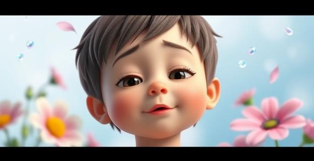 Imagen de un niño pequeño respirando por la nariz con expresión tranquila, rodeado de elementos que representan respiración saludable como flores y aire fresco