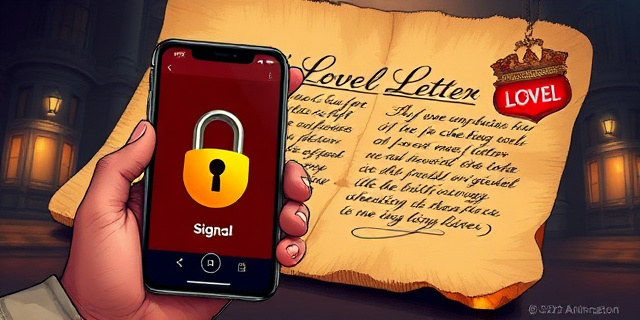 Una ilustración conceptual y satírica. En primer plano, un teléfono móvil moderno mostrando la aplicación Signal con un candado dorado. Al fondo, una carta de amor antigua con caligrafía elegante que se está quemando en los bordes, revelando debajo una imagen de un edificio de lujo y un cartel de neón de un club nocturno decadente. Estilo de dibujo editorial de periódico, colores contrastados, atmósfera de intriga y sombras largas.
