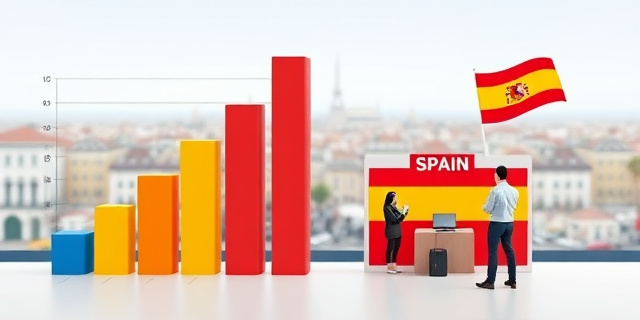 Una imagen conceptual que muestra un gráfico de barras con el número de vacantes sin cubrir en España, junto a una imagen de una persona buscando trabajo en una mesa de empleo, con un fondo de una ciudad española
