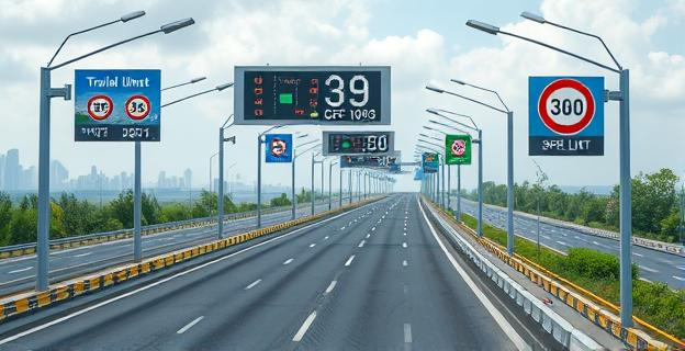 Una autopista con pantallas mostrando diferentes límites de velocidad según las condiciones de tráfico y meteorológicas, con sensores y cámaras en el borde de la carretera.
