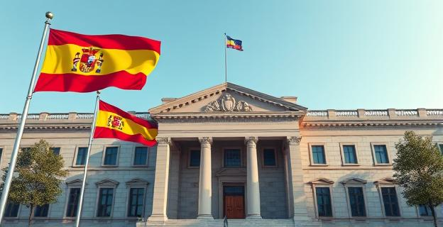 Edificio del Tribunal Constitucional en Madrid, con banderas de España y de la Unión Europea ondeando en primer plano, y una balanza de la justicia en la entrada principal