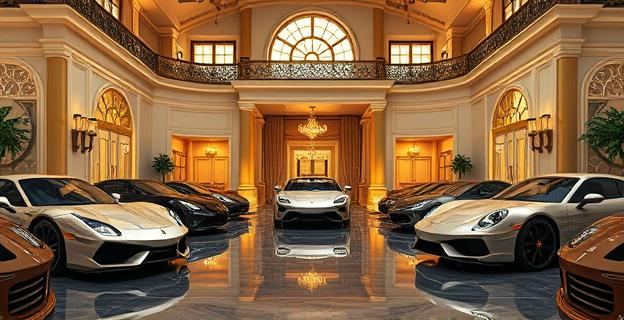 Una escena de una mansión lujosa con coches de alta gama en el exterior, rodeada de joyas y relojes de lujo en el interior, con un ambiente de lujo y opulencia