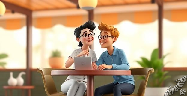 Una pareja sentada en un café, sonriendo y hablando tranquilamente