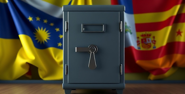 Una escena que muestra un archivador cerrado con candado, representando los documentos secretos sobre ETA y las FARC custodiados por la Inteligencia venezolana, con un fondo de banderas de Venezuela y España entrelazadas.