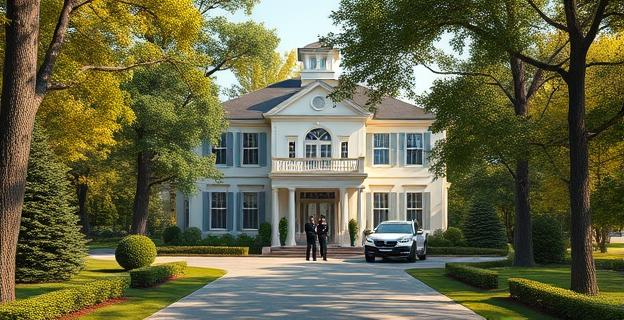 Una casa de lujo en una zona residencial rodeada de árboles y con un jardín bien cuidado. La puerta principal está abierta y hay presencia policial alrededor de la vivienda.