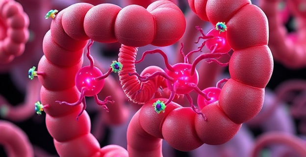 Una representación artística de un intestino con neuronas y microorganismos interactuando, sin caras ni texto