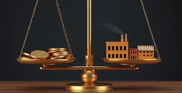 Una imagen de una balanza con un lado con monedas y el otro con una fábrica pequeña, simbolizando el equilibrio entre los ingresos de las empresas y los trabajadores.