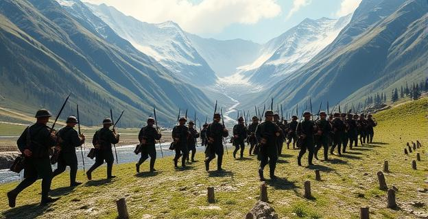 Imagen de un pequeño ejército desfilando en un valle montañoso con un paso estratégico al fondo, representando el paso del Brennero en 1866
