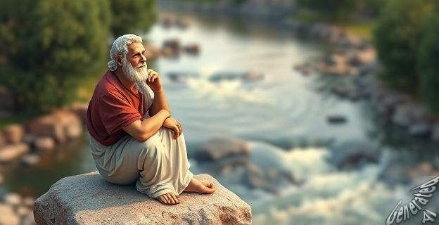 Un anciano filósofo griego sentado en una roca, con un río fluyendo detrás de él, mirando pensativo hacia el horizonte.