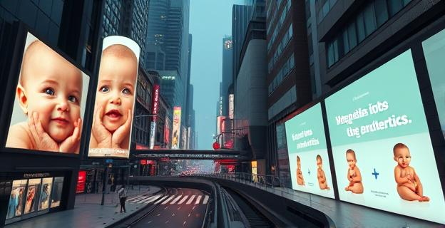 Una ciudad futurista con anuncios gigantes en calles y metro mostrando bebés con características ideales. Paneles luminosos en un barrio moderno con mensajes sobre genética y selección de rasgos.