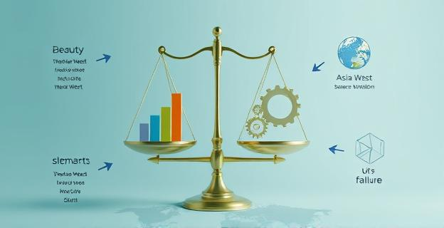 Una representación visual abstracta de dos balanzas en equilibrio inestable. En un platillo, elementos que simbolizan la belleza (una silueta elegante, un trazo armonioso). En el otro, elementos que representan la evaluación del servicio (un gráfico de barras ascendente, un engranaje). Alrededor, flechas contextuales que apuntan a diferentes escenarios: un entorno virtual con códigos binarios, un mapa mundial con marcadores en Asia y Occidente, y una figura geométrica descompuesta para indicar un fallo. Los colores son suaves pero contrastantes, con un toque de azul y verde.