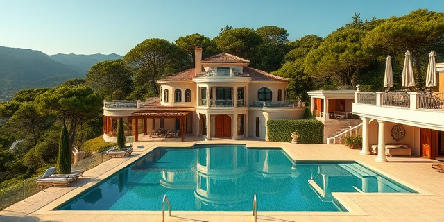 Un chalet de lujo en una ladera mediterránea con una gran piscina y un jardín de pinos, rodeado de edificios corporativos discretos. La escena combina opulencia y un toque de misterio, mostrando una oficina secreta con una puerta de madera pesada y un letrero de estilo corporativo sin nombres.