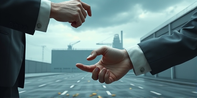 Una ilustración conceptual de estilo editorial. Un primer plano de un apretón de manos donde una de las manos es de seda y la otra es de metal, pero la mano de seda se está desintegrando. Al fondo, la silueta de una nave industrial gris y fría bajo un cielo tormentoso, con monedas de oro cayendo como lluvia sobre el asfalto. Estilo minimalista, colores contrastados, atmósfera de suspense y traición.