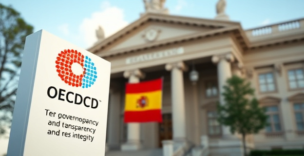 Una imagen de un edificio gubernamental español con un letrero que muestra el logo de la OCDE y un gráfico que representa la transparencia y la integridad pública.