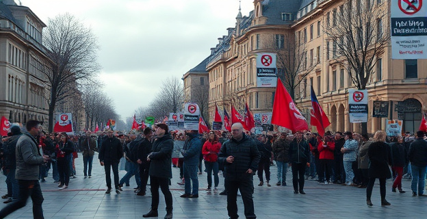 Imagen de una manifestación con pocas personas en una plaza pública, con pancartas contra la caza y un ambiente de desolación