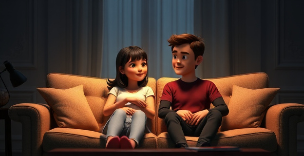 Una pareja sentada en un sofá, con una atmósfera de calma pero con una distancia emocional evidente entre ellos, con una habitación con poca luz y un ambiente de rutina.