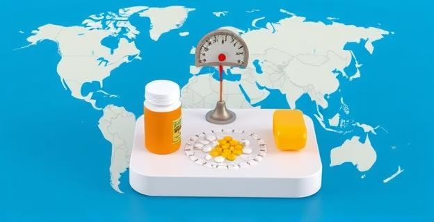 Imagen de una balanza y medicamentos en un fondo de un mapa mundial, representando la lucha global contra la obesidad