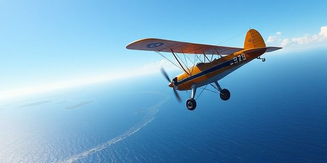 Un avión de madera y tela de la década de 1930 surcando el océano Pacífico bajo un cielo despejado, con un mapa antiguo flotando en la sombra, referencias a islas remotas y un rastro de humo que se desvanece en la distancia.