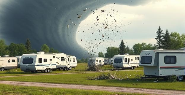 Imagen de un tornado arrasando un parque de campismo con autocaravanas destrozadas y escombros esparcidos