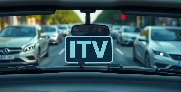 Un parabrisas de coche con una pegatina de la ITV falsa, en un fondo de una calle concurrida con varios coches alrededor.