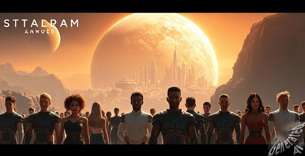 Una imagen de un planeta futurista con una ciudad en el fondo y un grupo de personas de diferentes razas y géneros en primer plano, con un efecto de iluminación que sugiere una atmósfera de ciencia ficción.