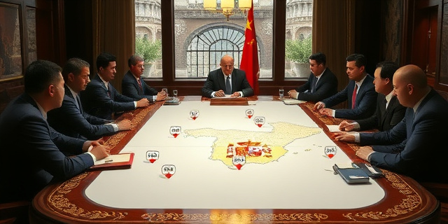 Un grupo de empresarios chinos se reúne con el presidente del Gobierno español en un hotel de Shanghái, rodeados de guardaespaldas y asesores. En la mesa, hay un gran mapa de España con varios lugares marcados.