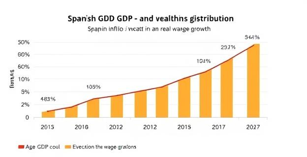 Gráfico mostrando la evolución del PIB español y la distribución de la riqueza entre diferentes grupos de edad, con una comparativa de la inflación y el crecimiento de los salarios reales