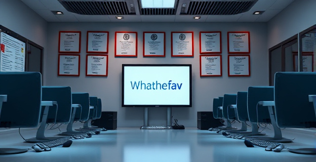 Una oficina vacía con computadoras apagadas y una pantalla que muestra el logo de Whathefav. Al fondo, una pared con diplomas y reconocimientos de la empresa. La atmósfera es de abandono y misterio.
