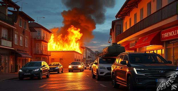 Una imagen de un incendio en un pub en Torremolinos con llamas altas y vehículos afectados en la calle