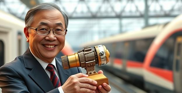 Imagen de un presidente de empresa ferroviaria sonriente sosteniendo un componente de tren averiado como si fuera un trofeo deportivo, con un fondo de trenes de alta velocidad y una atmósfera de celebración ambigua.