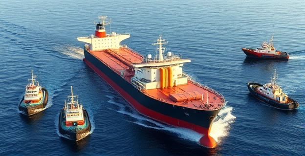 Un barco petrolero ruso con bandera de Mozambique en el Estrecho de Gibraltar siendo auxiliado por remolcadores marroquíes mientras al fondo se ven buques españoles de Salvamento Marítimo vigilando la escena.