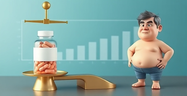 Una imagen conceptual que muestra una balanza con un frasco de pastillas en un lado y una persona con sobrepeso en el otro, con una expresión de preocupación en el rostro. Al fondo, un gráfico que muestra un aumento de peso.