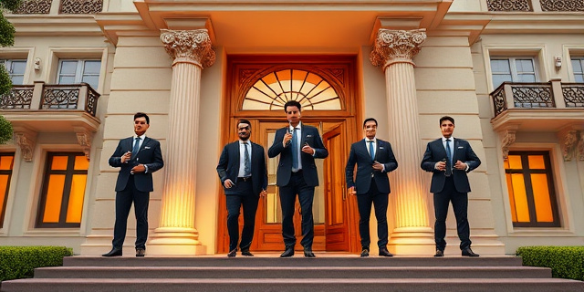 Una imagen de un edificio de lujo con varios ministros del Gobierno de Sánchez saliendo de él, cada uno con una llave en la mano, simbolizando su patrimonio inmobiliario