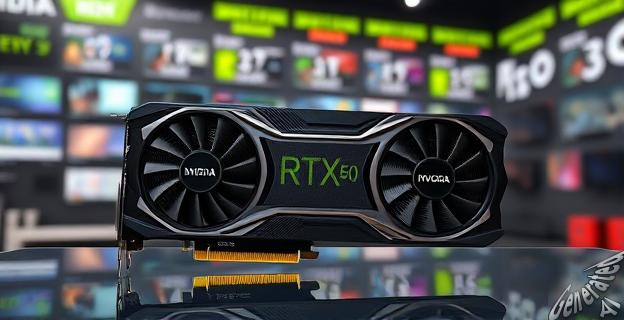 Una imagen de una tarjeta gráfica NVIDIA RTX50 con un fondo de tienda de electrónica, mostrando los precios en pantalla.