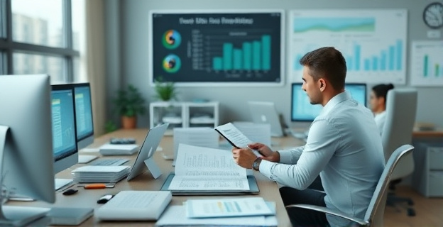 Oficina con documentos y computadoras analizando informes financieros, con un ambiente serio y profesional