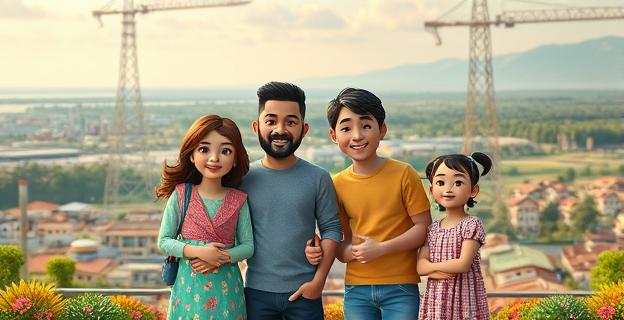 Imagen de una familia multicultural en una región con paisajes industriales, turísticos y agrícolas, reflejando diversidad y dinamismo económico