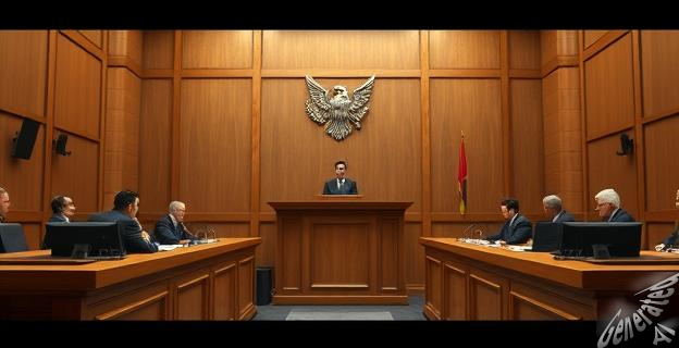 Una imagen de un tribunal de justicia con jueces y abogados en una sala de audiencias, con un titular que dice 