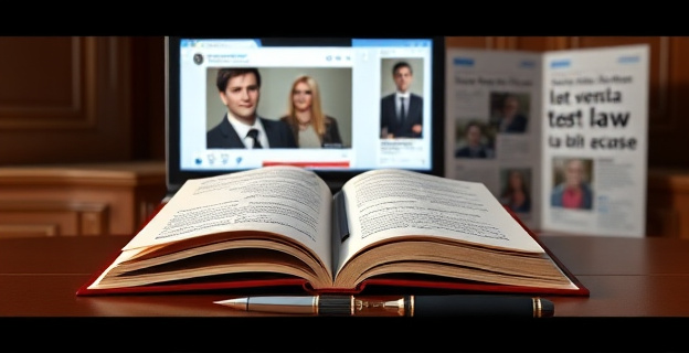 Una escena que representa un escritorio de juez con un libro de leyes abierto y una pluma estilográfica al lado, con un fondo que muestra una pantalla de ordenador con las redes sociales de Lucía Etxebarría y un titular de periódico sobre la ley trans.