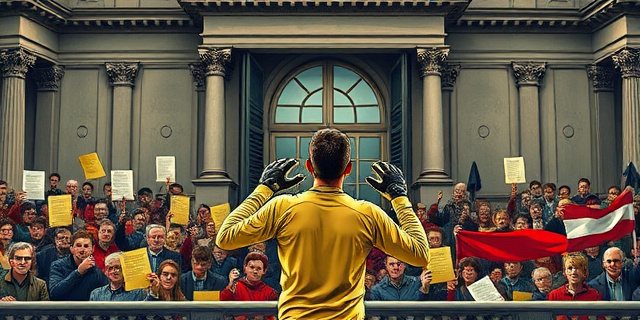 Una ilustración satírica de un portero de fútbol con guantes, parado frente a un micrófono antiguo en un balcón colonial, mientras debajo una multitud sostiene carteles judiciales y papeles legales en lugar de banderas deportivas. Estilo editorial de periódico, colores contrastados, atmósfera de tensión irónica.