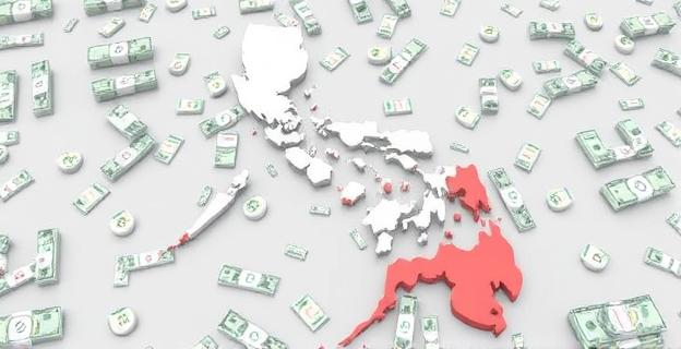 Un mapa de Filipinas con fondos de dinero y símbolos de cooperación internacional