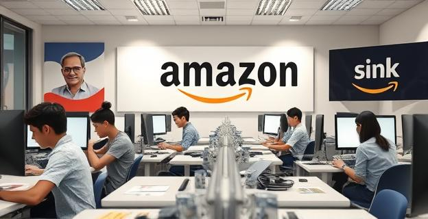 Imagen de una oficina con jóvenes trabajando en sus escritorios con computadoras y papeles, mientras al fondo se ve un cartel grande con el logo de un partido político y otro con el de una empresa multinacional como Amazon.