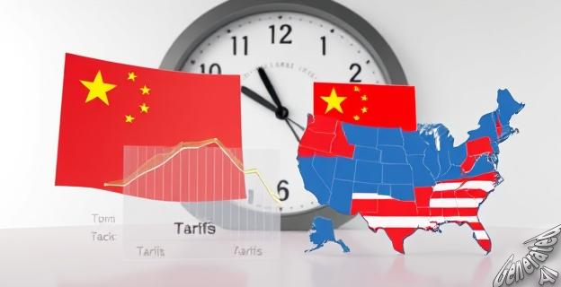 Representación visual de un acuerdo comercial entre dos naciones con un reloj de fondo indicando una fecha límite y gráficos de aranceles en disminución, junto a un mapa de China y EE.UU.