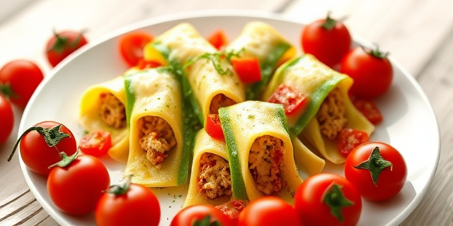Un plato de raviolis de calabacín rellenos de atún, tomate triturado y queso gratinado, presentado sobre una bandeja de cerámica blanca. Alrededor, tomates cherry enteros añaden un toque de color rojo vibrante. La escena se ilumina con luz natural que realza los tonos verdes del calabacín y el dorado del queso derretido, creando una sensación acogedora y saludable.