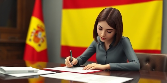 Una imagen de una mujer firmando un documento oficial, con una bandera española de fondo y una mesa llena de papeles y plumas.