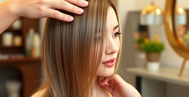 Una imagen de una mujer con cabello fino y brillante, con una mascarilla capilar siendo aplicada en sus medios y puntas, mientras evita la raíz. El fondo muestra un entorno de peluquería orgánica con productos naturales.