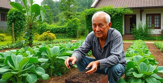 Imagen de una persona anciana en un huerto, cultivando verduras con herramientas manuales, rodeada de naturaleza exuberante y con una casa tradicional al fondo.