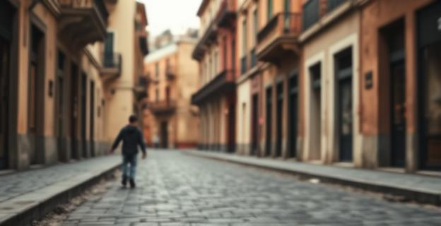 Una escena que muestra una calle desolada en una ciudad española con un fondo de edificios antiguos y una figura borrosa de una menor en la distancia, simbolizando abandono y desprotección.