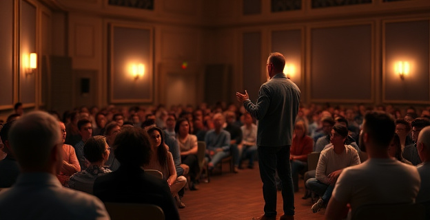 Una persona de pie en un escenario, haciendo una pausa y gesticulando de manera natural mientras habla a una audiencia atenta. La sala está iluminada con luces cálidas y la atmósfera es de concentración.