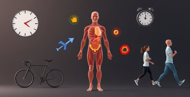 Una ilustración que muestra un cuerpo humano con diferentes partes resaltadas, como músculos y órganos, rodeado de elementos que representan actividad física como una bicicleta, una persona caminando y un reloj. El fondo podría tener un gradiente que va desde un tono oscuro (sedentarismo) hasta uno claro (actividad), simbolizando el aumento del gasto energético.