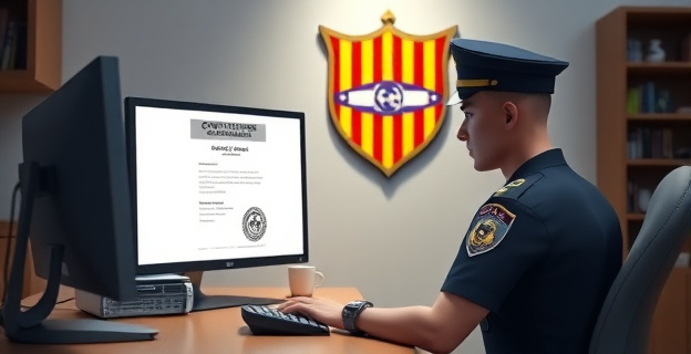 Una agente de policía sentada en un escritorio con un ordenador, mirando una pantalla con un certificado de catalán C2 falsificado. Al fondo, un escudo de Cataluña en la pared.